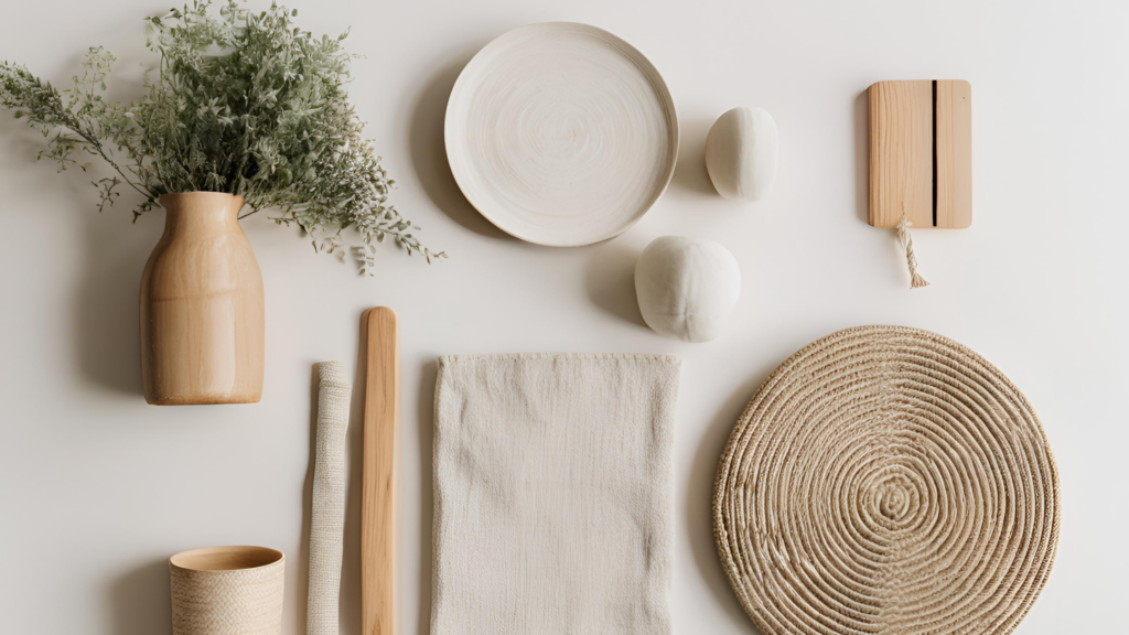 flat lay image of home decor items, beige colors, neutral