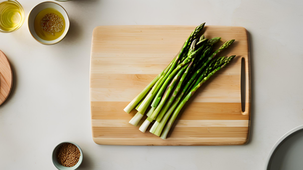 Flat lay of asparagus on a cutting board