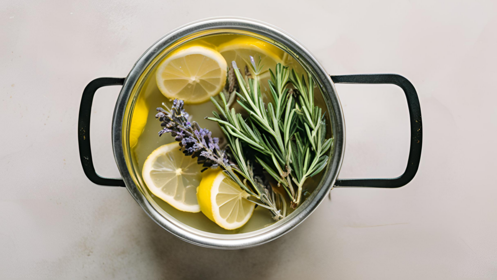 Overhead view of a simmer pot with lemons, rosemary, and lavender in it