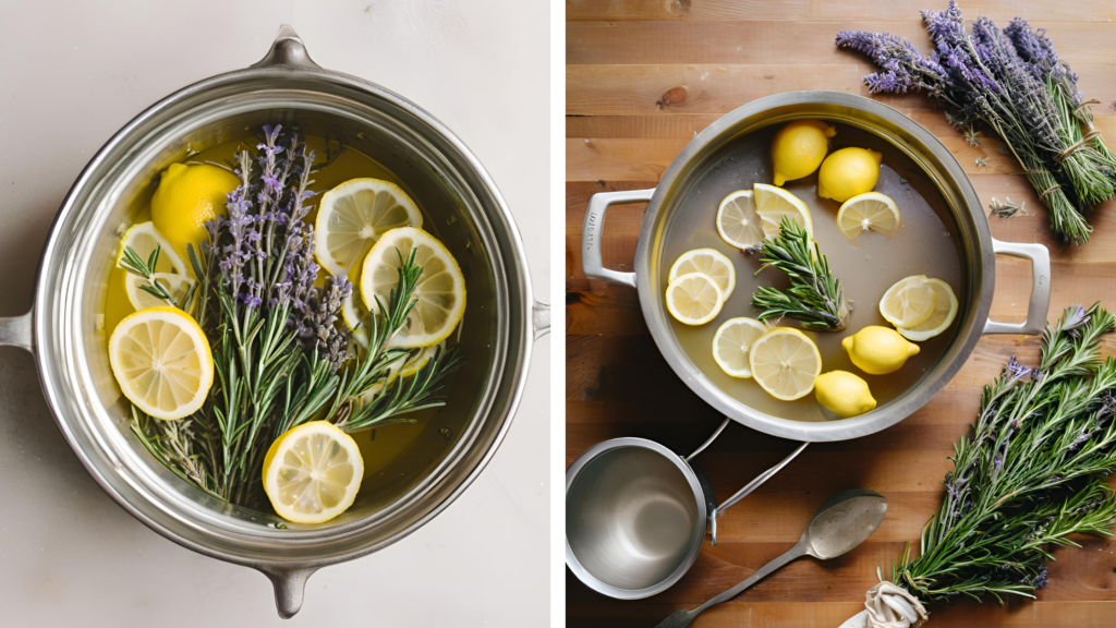 Overhead view of simmer pots with lemons, rosemary, and lavender in it