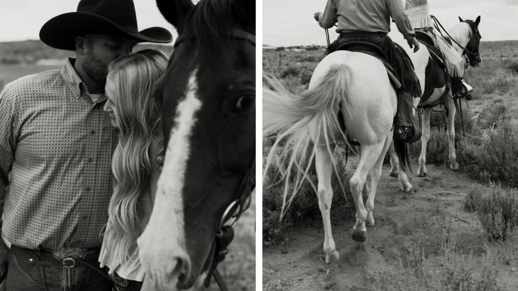 Black and white images of Tyler and Sarah Elrod riding horses