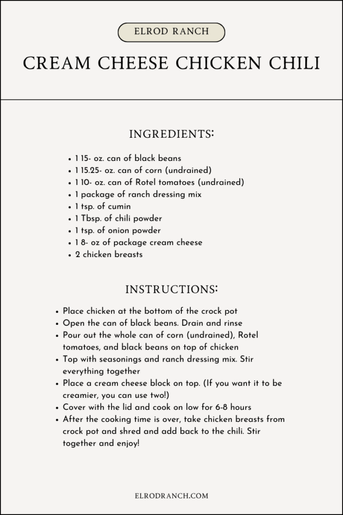 cream cheese chicken chili recipe card