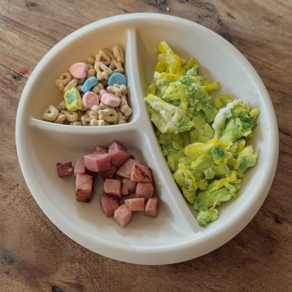 Green eggs and ham, lucky charms breakfast