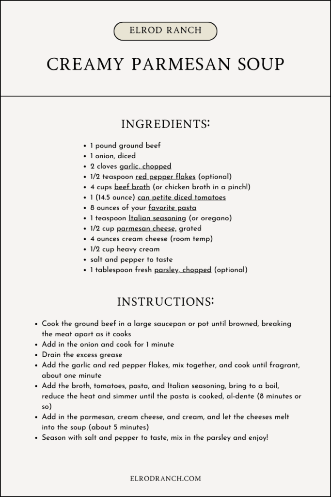 Creamy parmesan soup recipe card