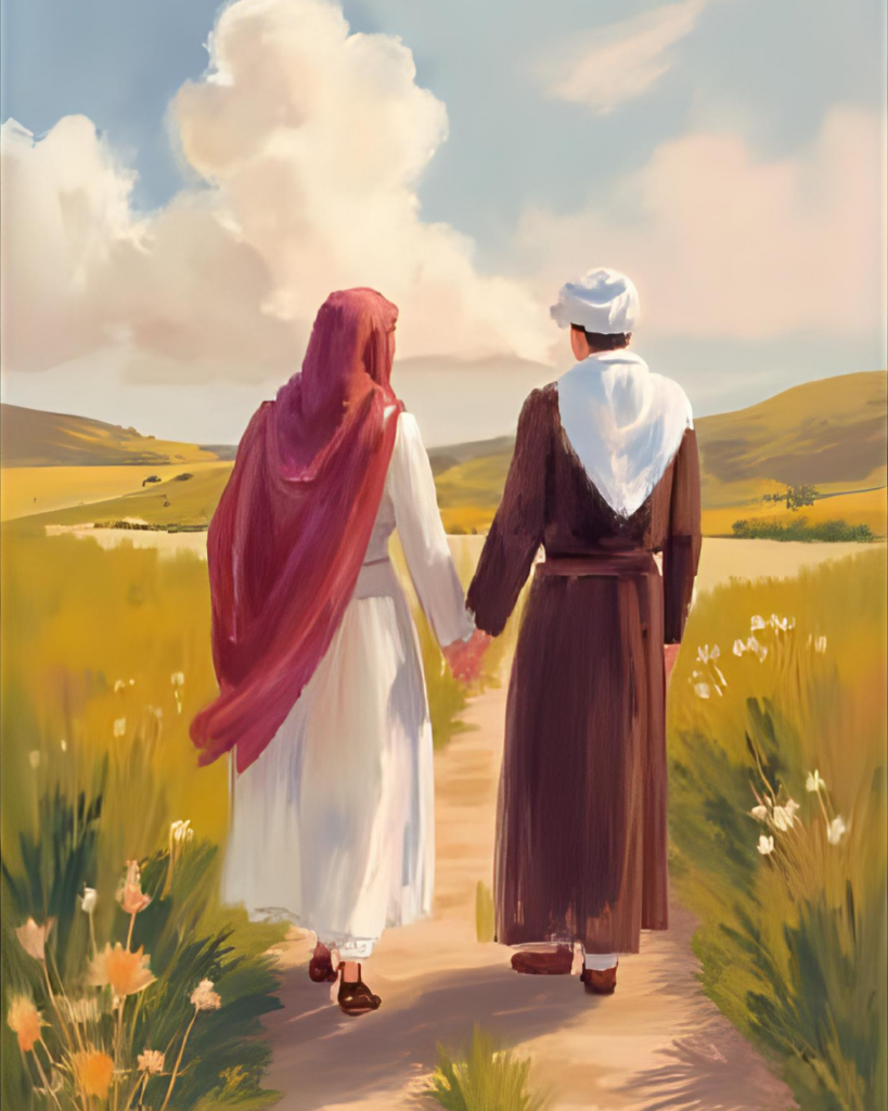 Oil painting of Mary and Joseph traveling to Bethlehem 