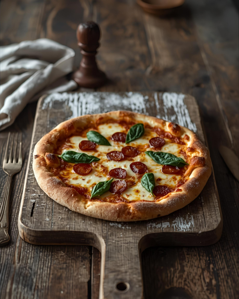 pizza on a vintage looking wooden board