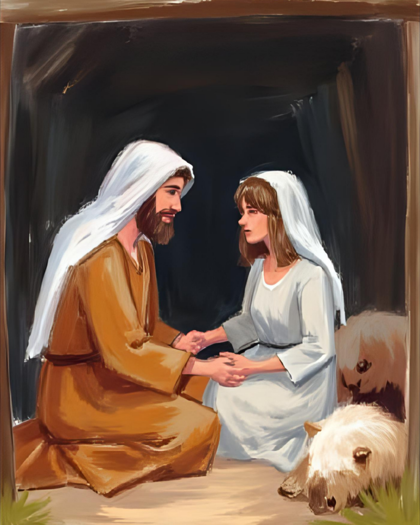 Painting of Mary and Joseph inside the Barn