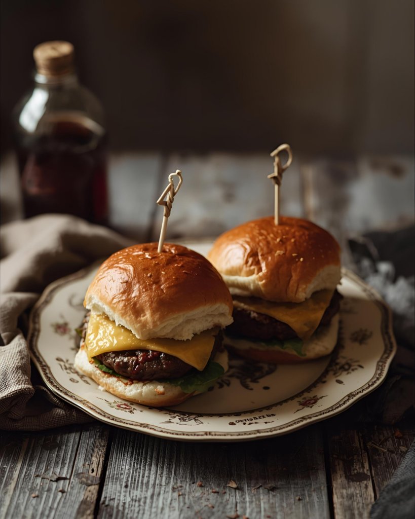 moody image of cheeseburger sliders on a vintage looking plate