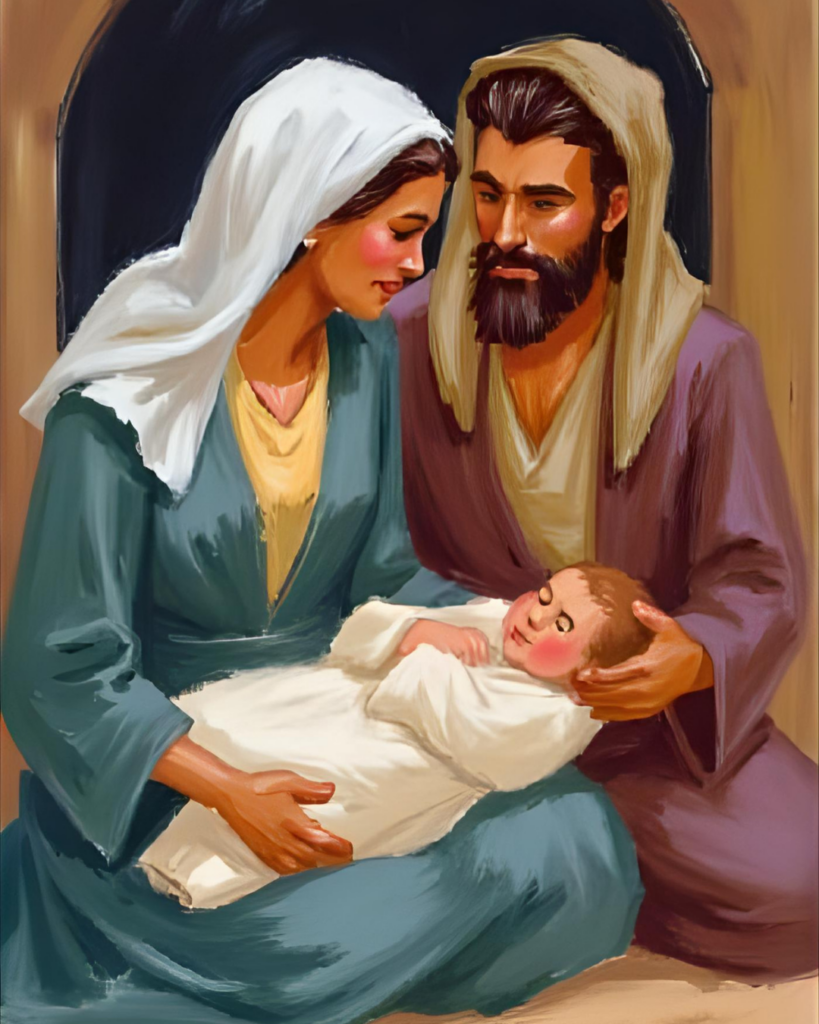 Painting of Mary and Joseph holding Baby Jesus