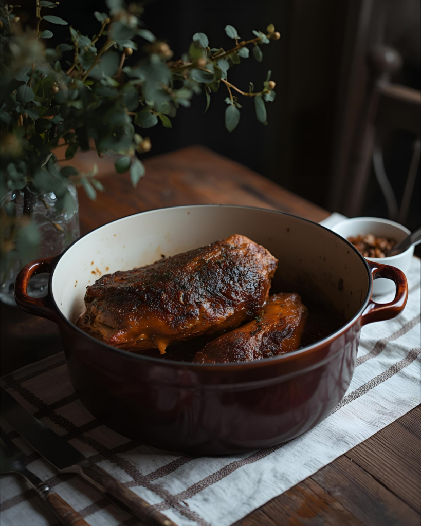 moody image of a pot roast dinner
