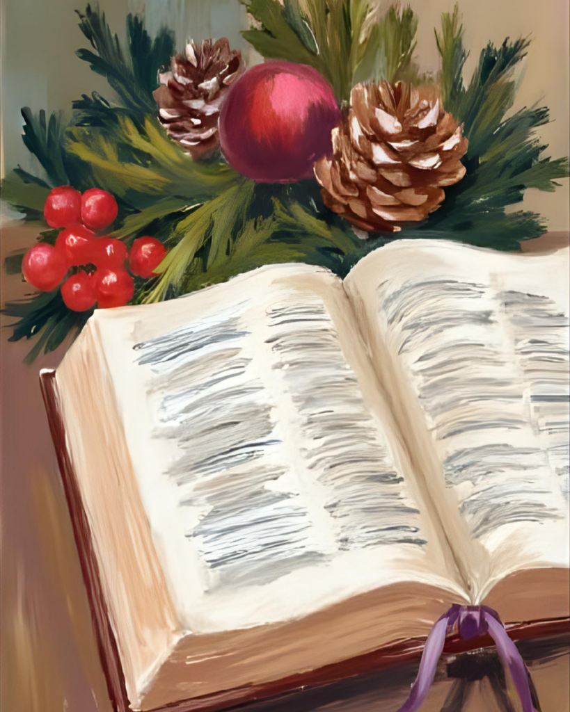 Flat lay oil painting of a bible opened on a table