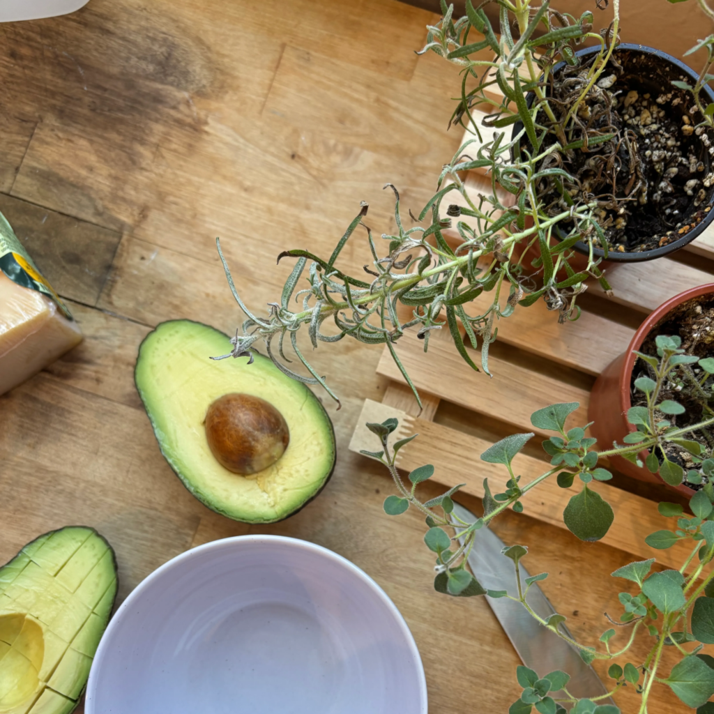 avocados laying next to fresh herbs