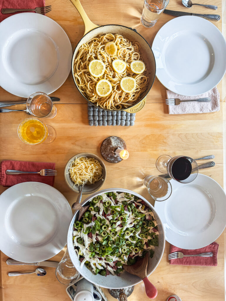 flat lay of a dinner spread on an aesthetic looking table