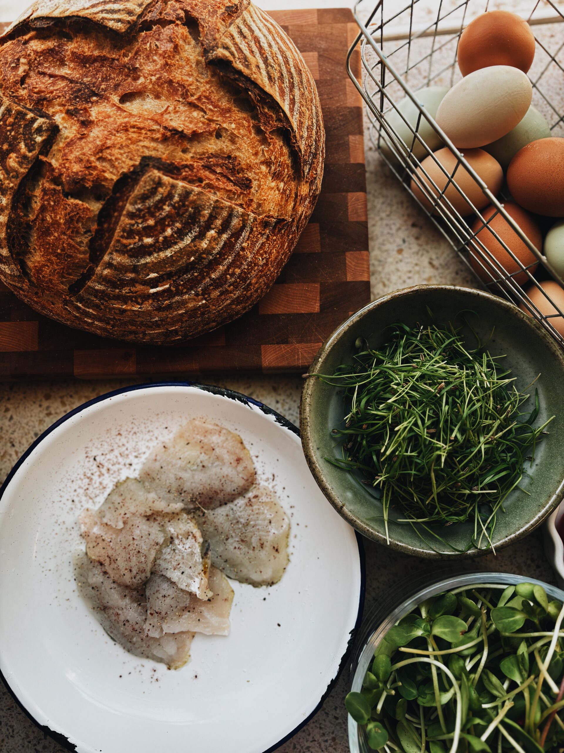 flat lay of food and bread on a table